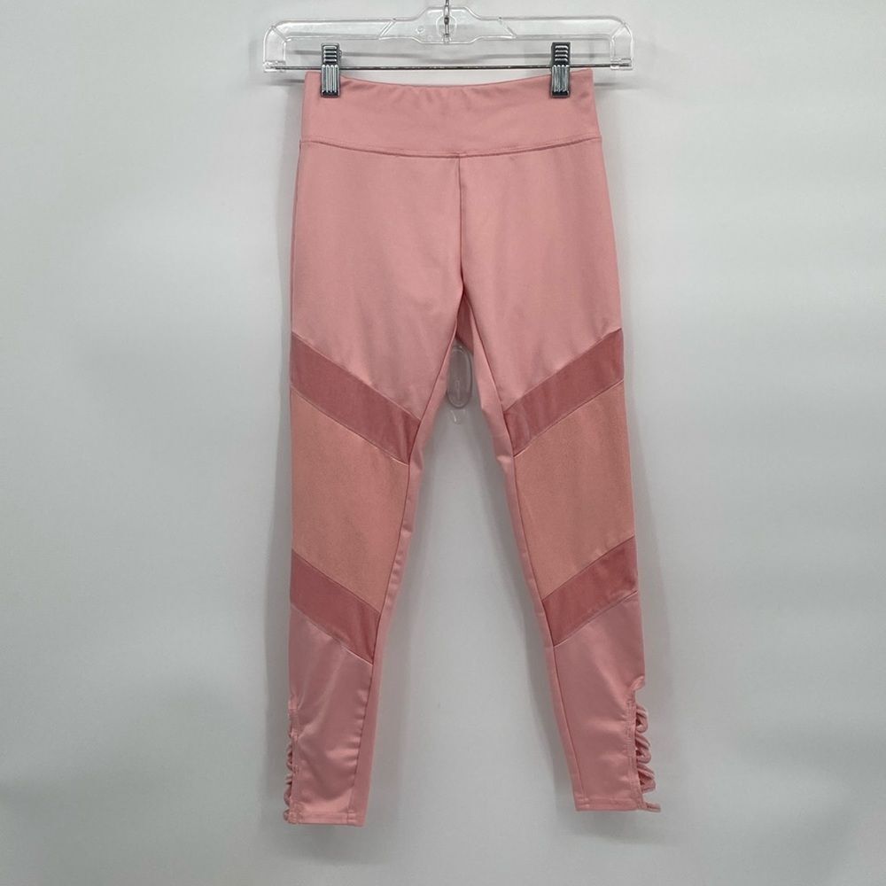 Justice Active Pink Colorblock Leggings Velvet Stripe Lace Up Sides size 10